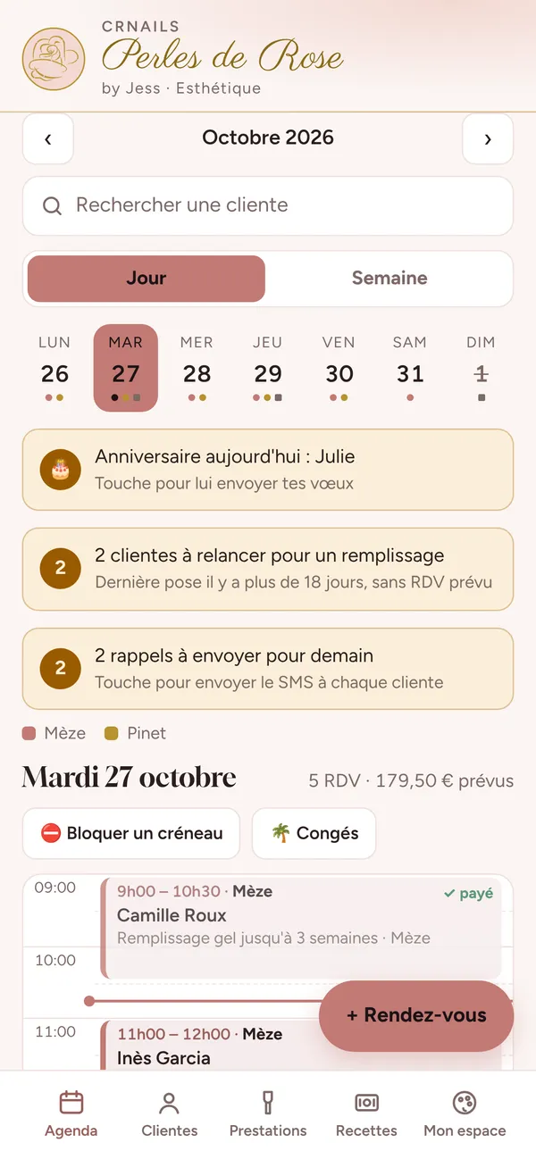 Agenda du jour avec anniversaires, relances et rappels à envoyer