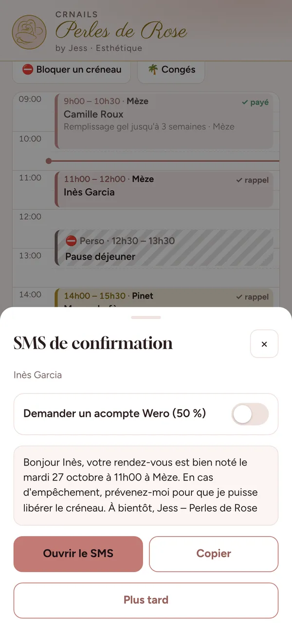 Message de confirmation avec acompte Wero