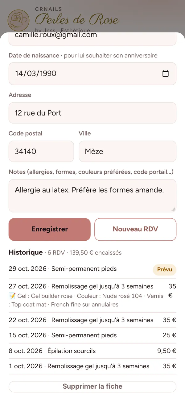 Fiche cliente avec historique des rendez-vous