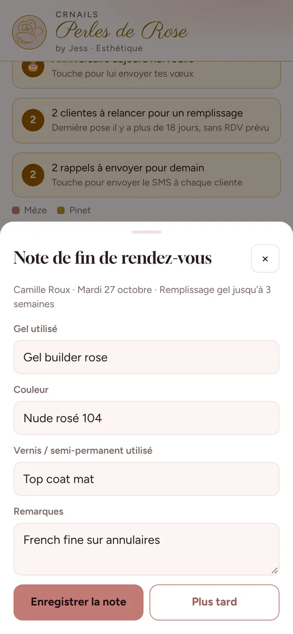 Note de fin de rendez-vous : gel, couleur, vernis