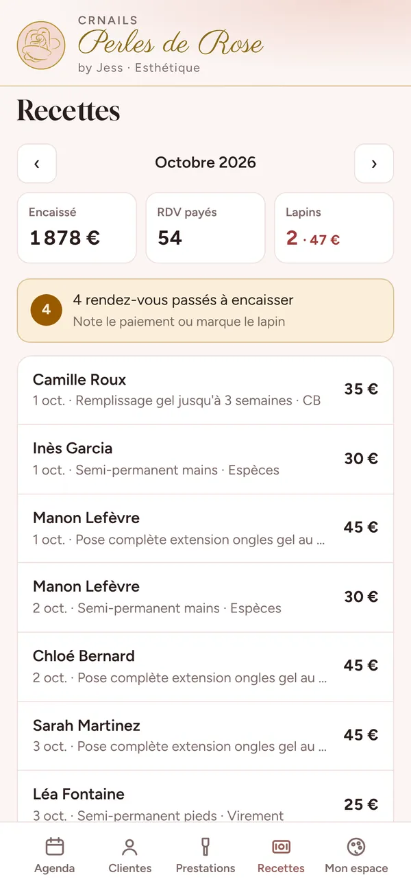Recettes du mois avec total encaissé
